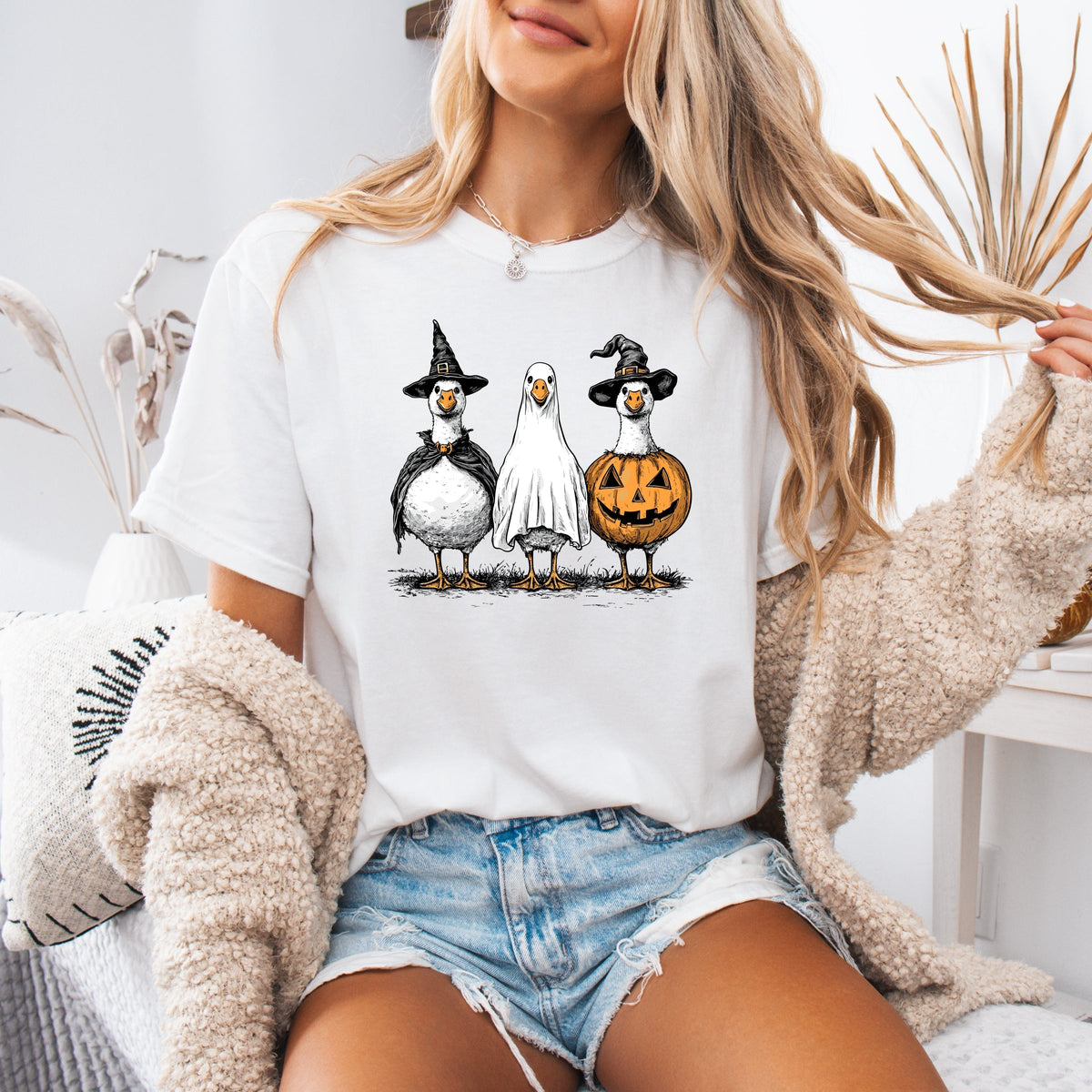 Hand Drawn Vintage Goose Trio in Witch, Ghost, and Pumpkin Outfits Printed Comfort Colors T-Shirt 
