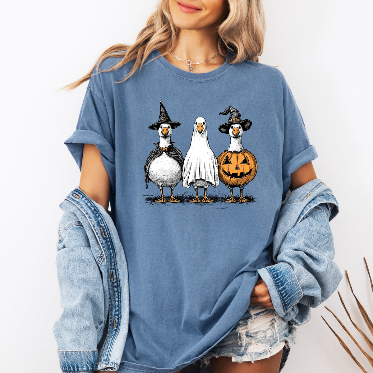 Hand Drawn Vintage Goose Trio in Witch, Ghost, and Pumpkin Outfits Printed Comfort Colors T-Shirt 