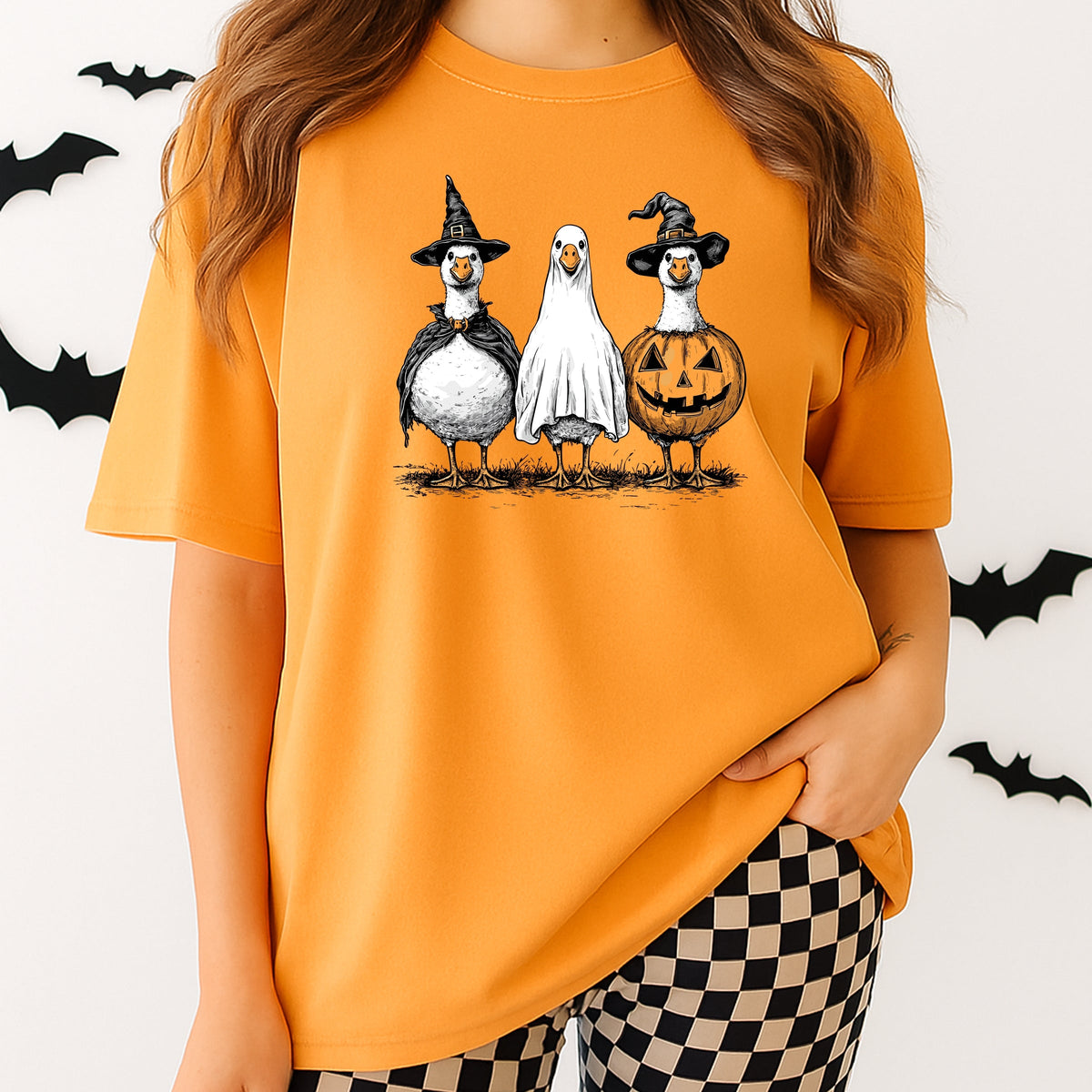Vintage Goose Trio in Witch, Ghost, and Pumpkin Outfits - Adult Comfort Colors T-Shirt