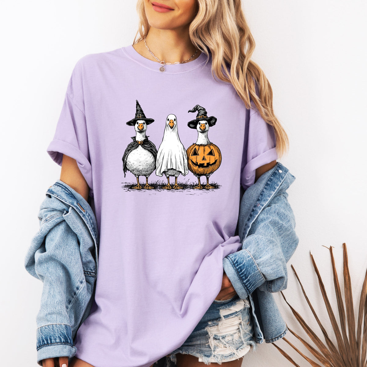 Hand Drawn Vintage Goose Trio in Witch, Ghost, and Pumpkin Outfits Printed Comfort Colors T-Shirt 