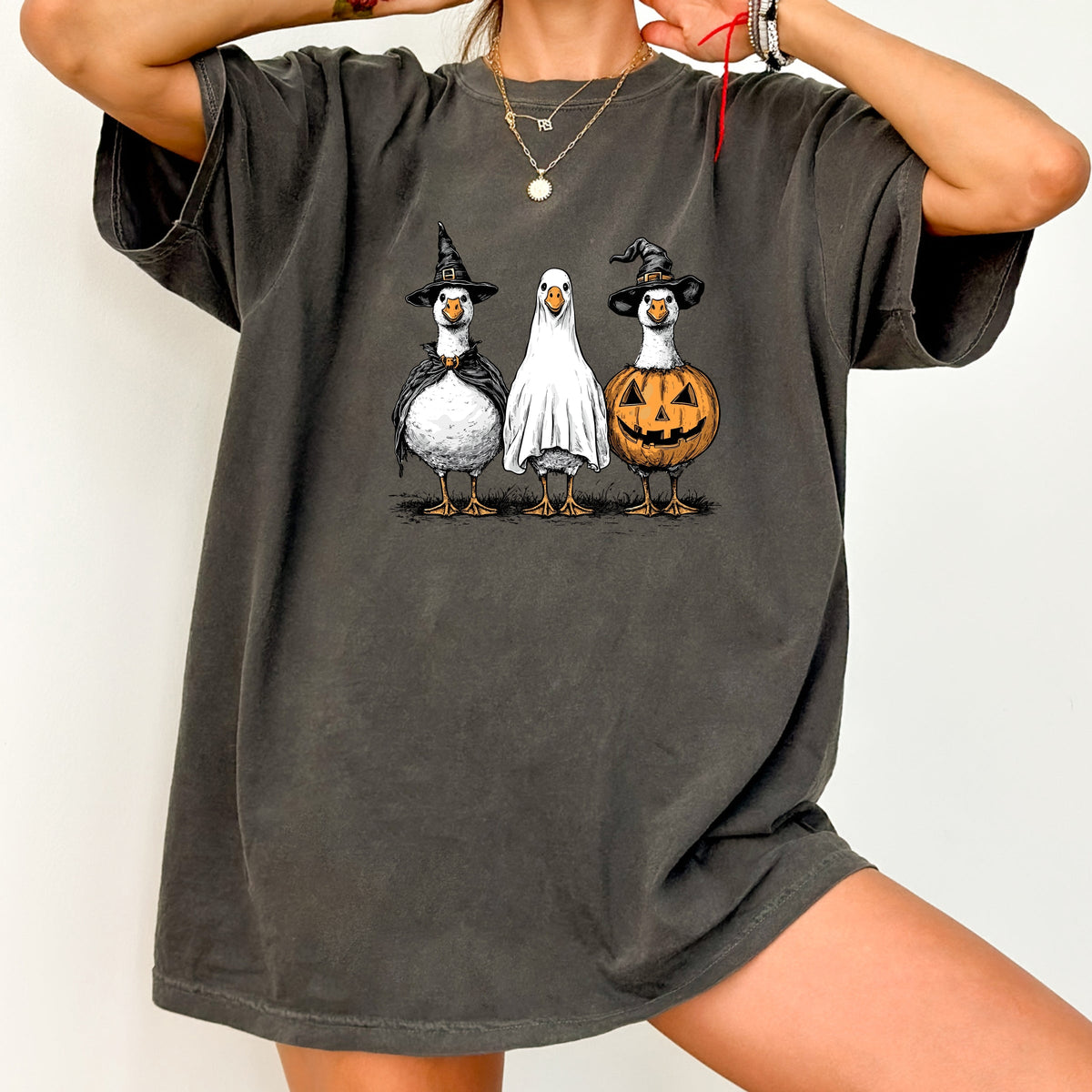 Hand Drawn Vintage Goose Trio in Witch, Ghost, and Pumpkin Outfits Printed Comfort Colors T-Shirt 