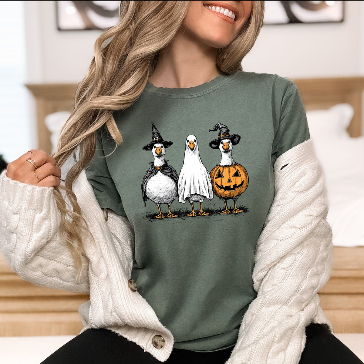Hand Drawn Vintage Goose Trio in Witch, Ghost, and Pumpkin Outfits Printed Comfort Colors T-Shirt 