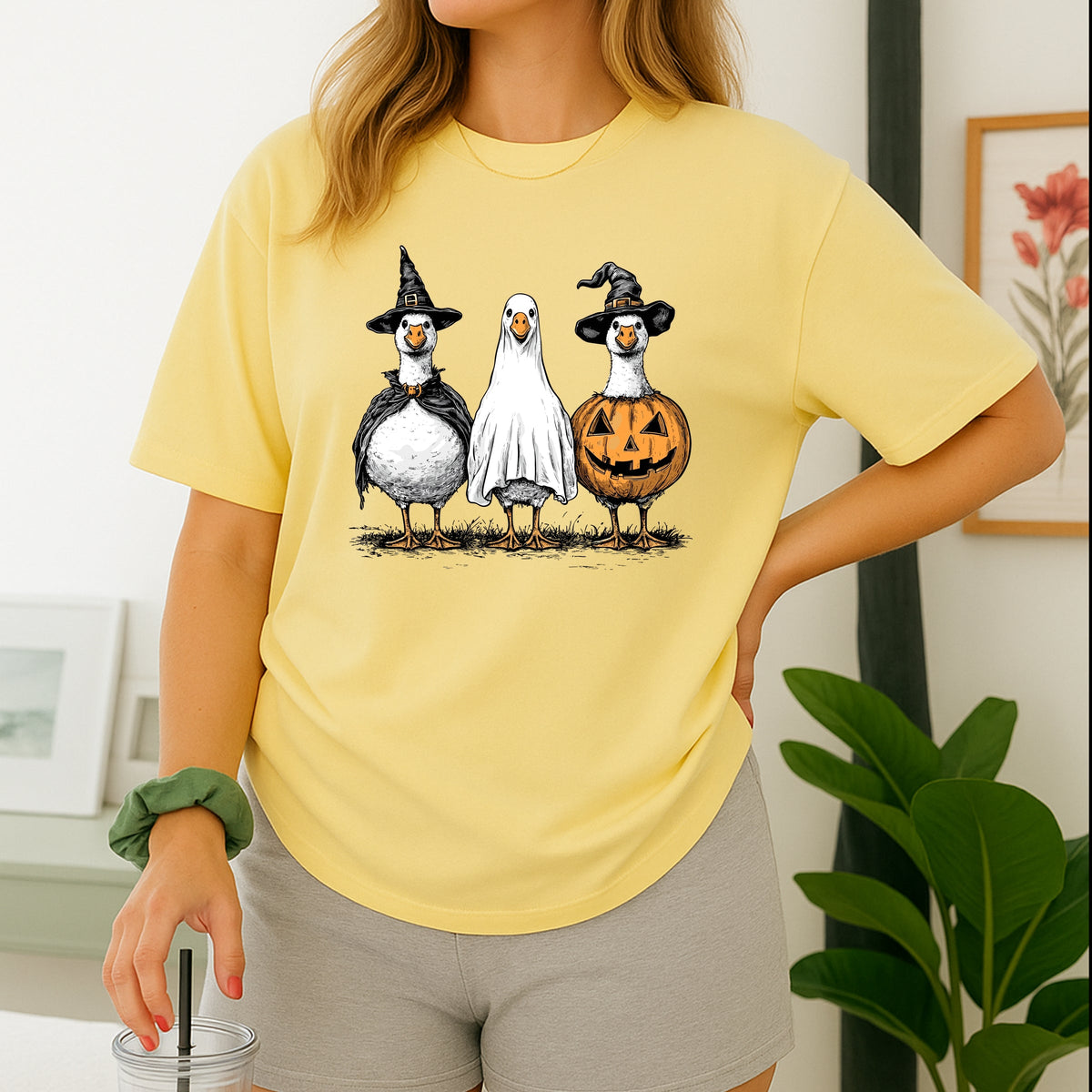 Hand Drawn Vintage Goose Trio in Witch, Ghost, and Pumpkin Outfits Printed Comfort Colors T-Shirt 