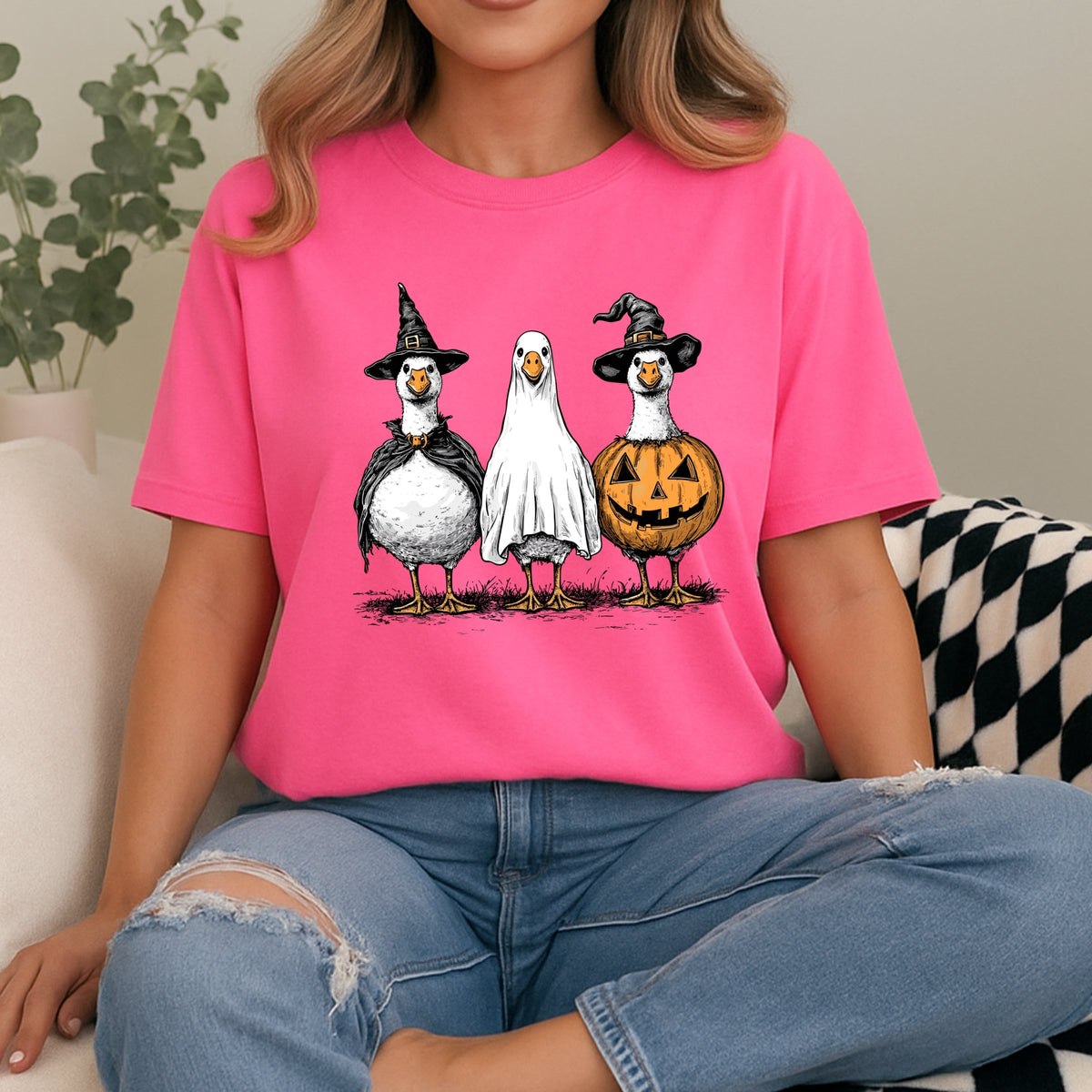 Hand Drawn Vintage Goose Trio in Witch, Ghost, and Pumpkin Outfits Printed Comfort Colors T-Shirt 