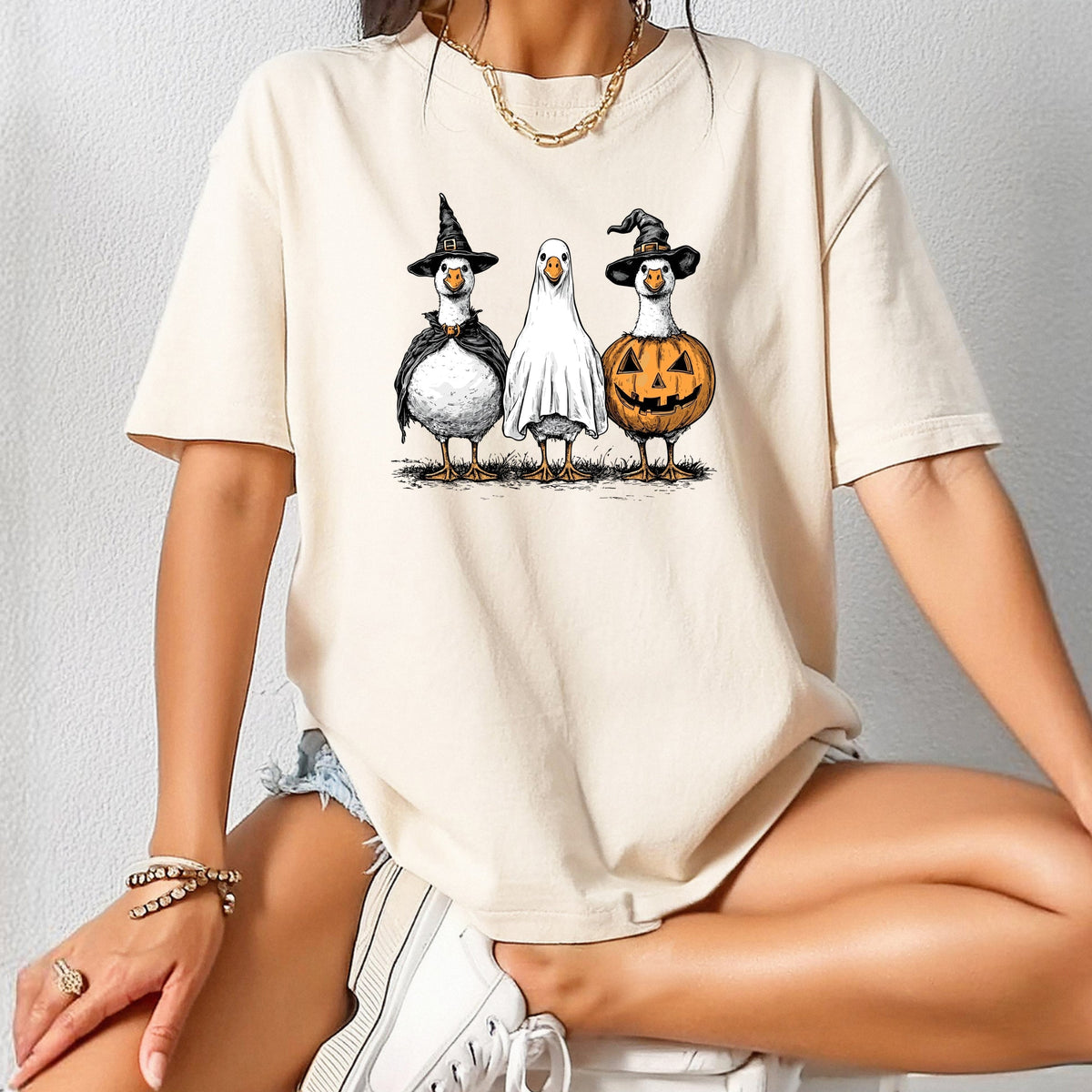 Hand Drawn Vintage Goose Trio in Witch, Ghost, and Pumpkin Outfits Printed Comfort Colors T-Shirt 