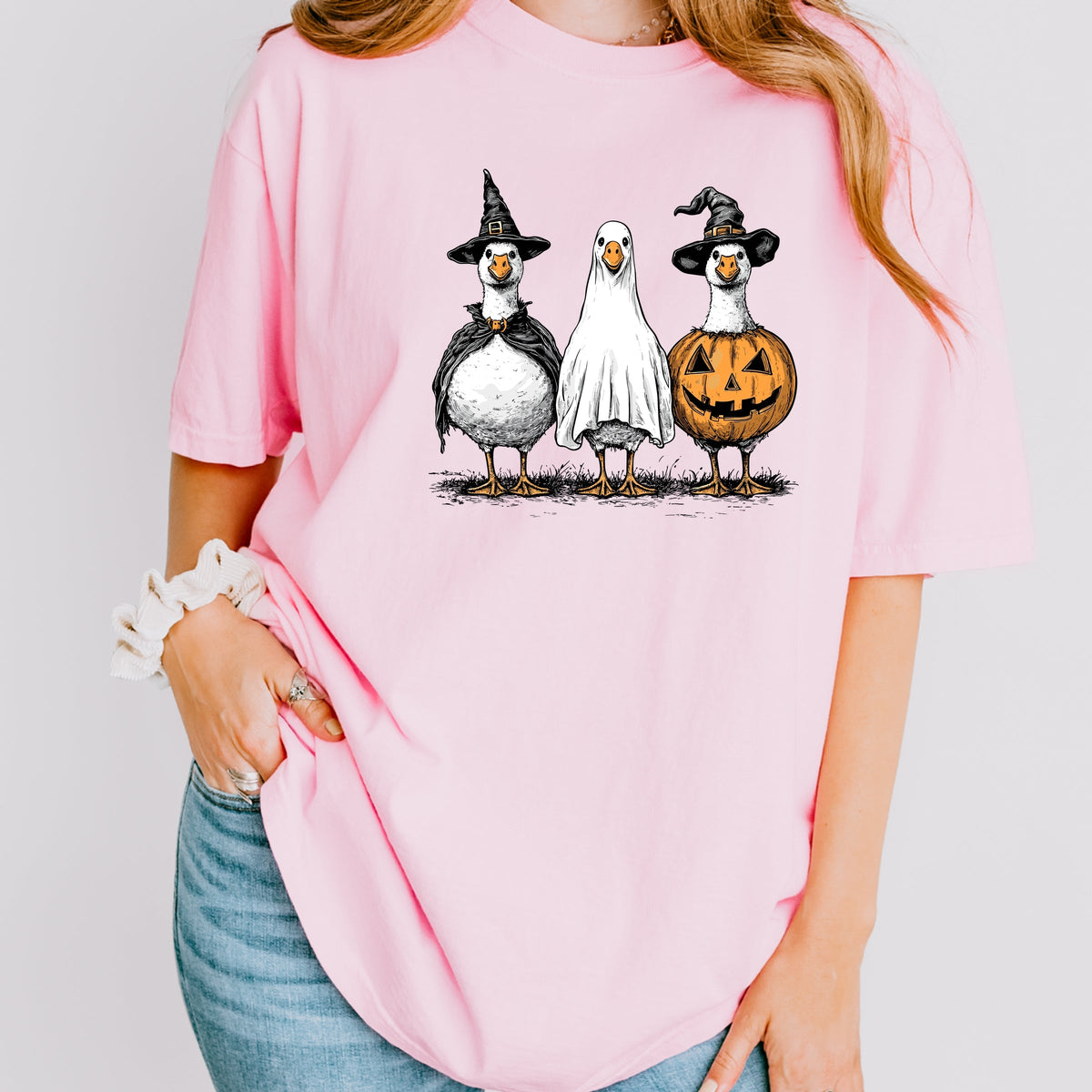 Hand Drawn Vintage Goose Trio in Witch, Ghost, and Pumpkin Outfits Printed Comfort Colors T-Shirt 