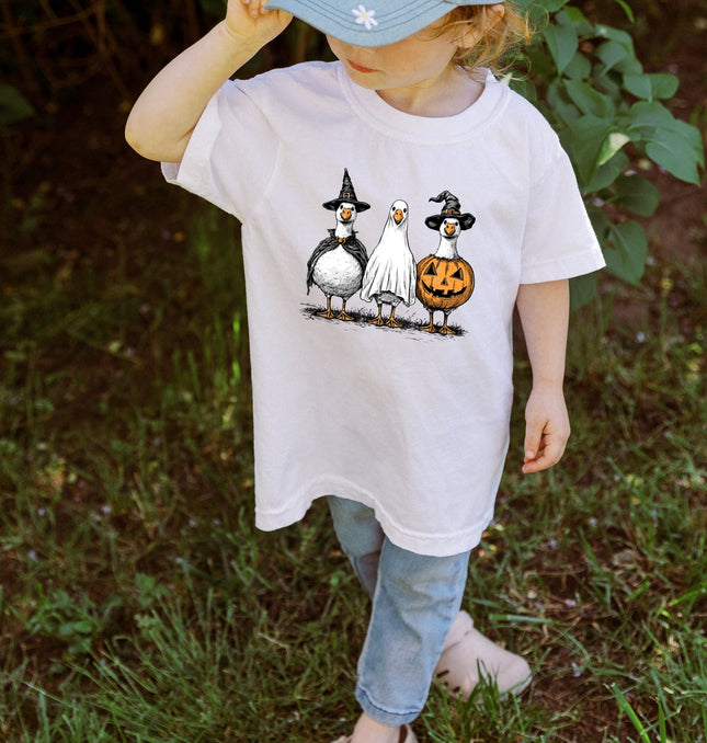 Hand Drawn Vintage Goose Trio in Witch, Ghost, and Pumpkin Outfits Printed Comfort Colors T-Shirt 