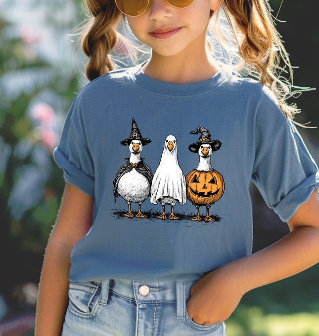 Hand Drawn Vintage Goose Trio in Witch, Ghost, and Pumpkin Outfits Printed Comfort Colors T-Shirt 