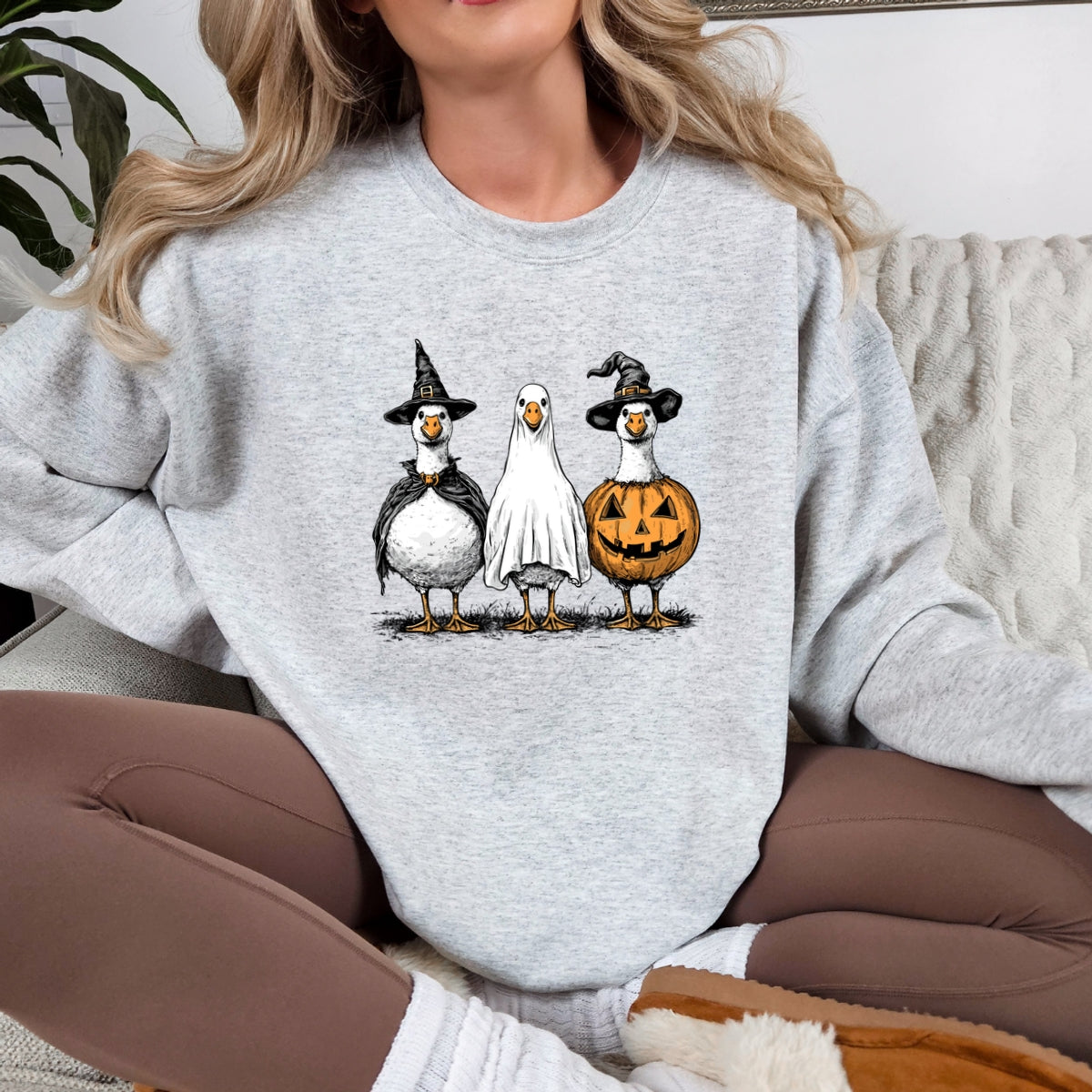 Hand Drawn Vintage Goose Trio in Witch, Ghost, and Pumpkin Outfits Printed Crewneck Sweatshirt