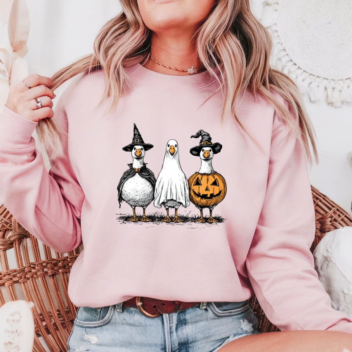 Hand Drawn Vintage Goose Trio in Witch, Ghost, and Pumpkin Outfits Printed Crewneck Sweatshirt