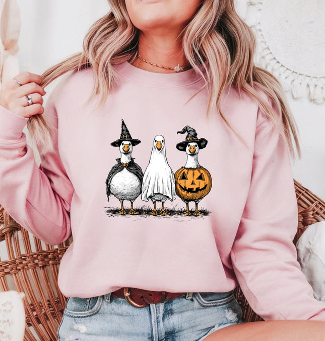 Hand Drawn Vintage Goose Trio in Witch, Ghost, and Pumpkin Outfits Printed Crewneck Sweatshirt