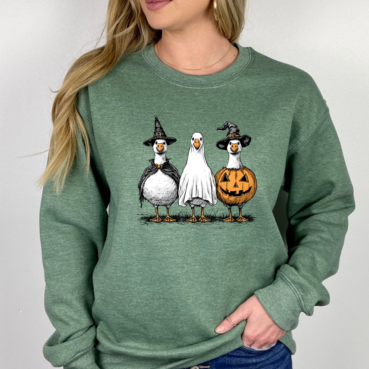 Hand Drawn Vintage Goose Trio in Witch, Ghost, and Pumpkin Outfits Printed Crewneck Sweatshirt