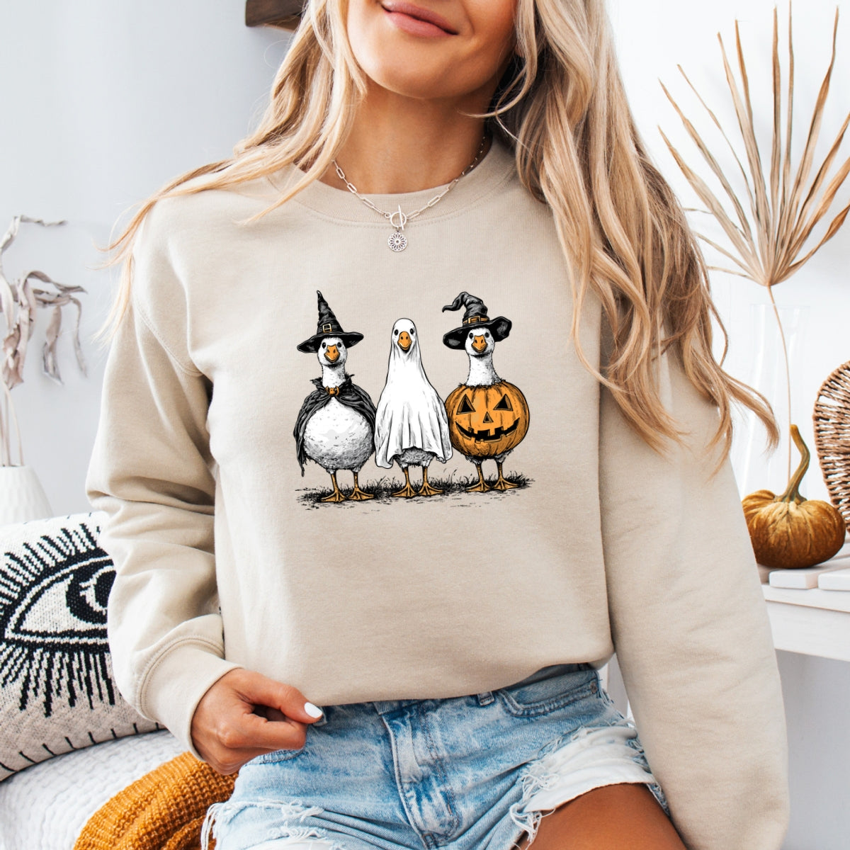 Hand Drawn Vintage Goose Trio in Witch, Ghost, and Pumpkin Outfits Printed Crewneck Sweatshirt