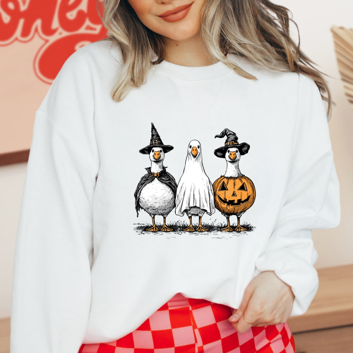 Hand Drawn Vintage Goose Trio in Witch, Ghost, and Pumpkin Outfits Printed Crewneck Sweatshirt