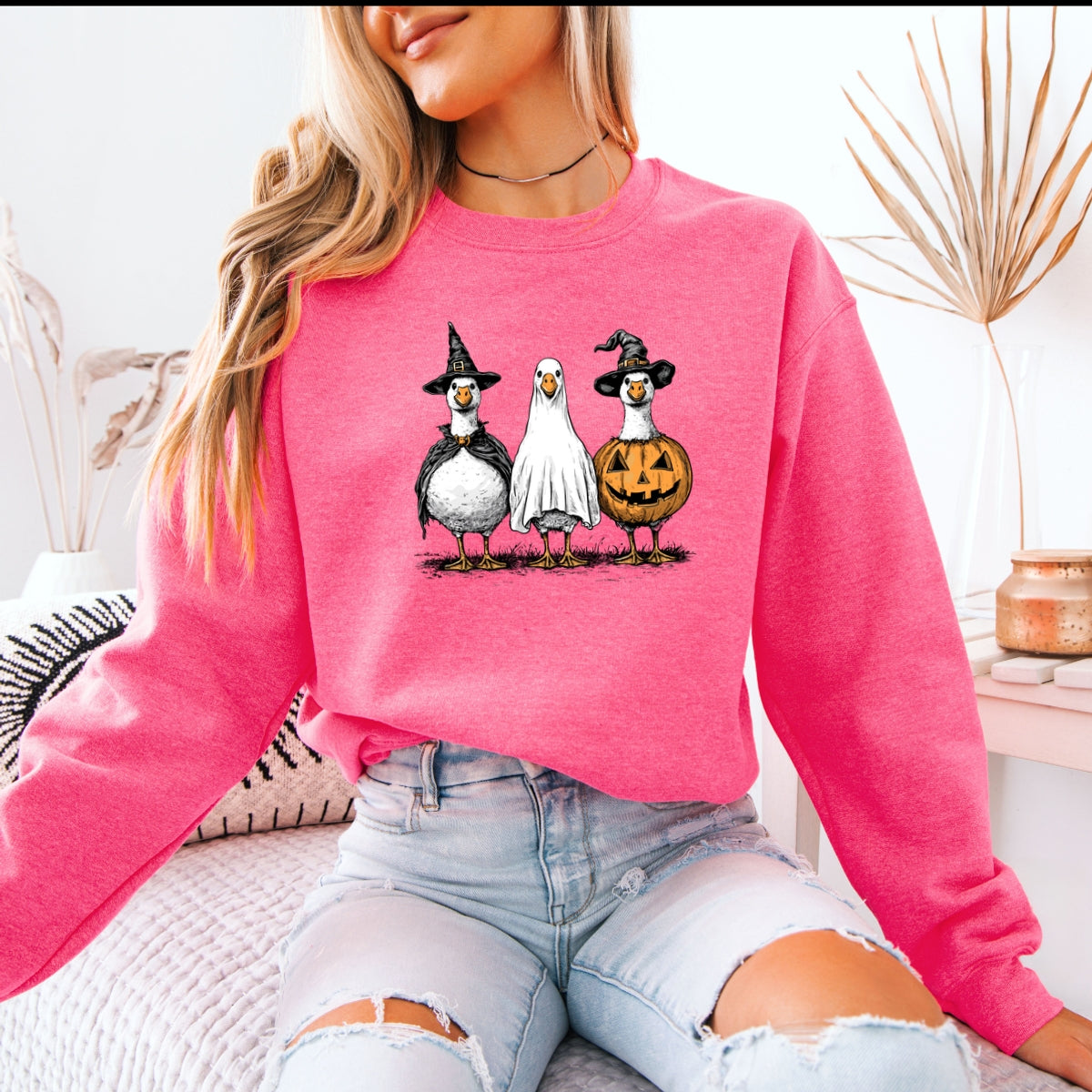 Hand Drawn Vintage Goose Trio in Witch, Ghost, and Pumpkin Outfits Printed Crewneck Sweatshirt
