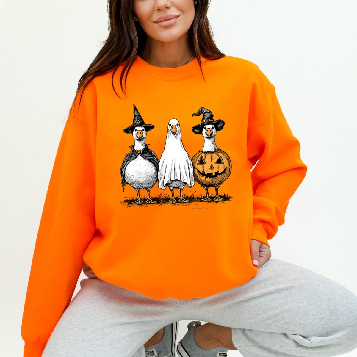 Hand Drawn Vintage Goose Trio in Witch, Ghost, and Pumpkin Outfits Printed Crewneck Sweatshirt
