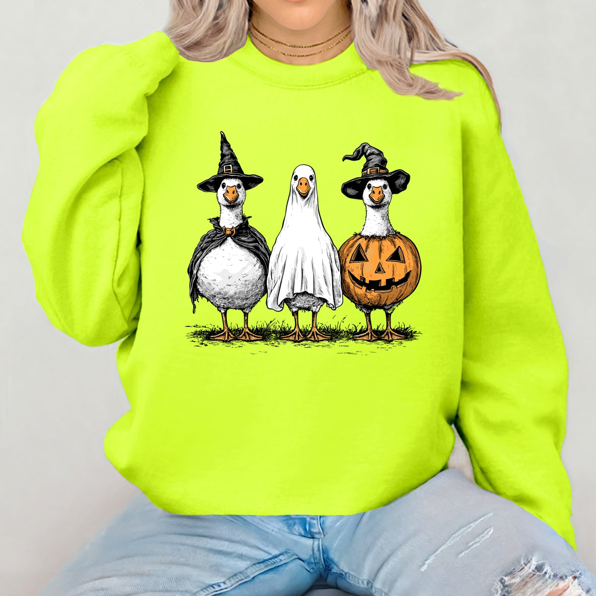 Hand Drawn Vintage Goose Trio in Witch, Ghost, and Pumpkin Outfits Printed Crewneck Sweatshirt