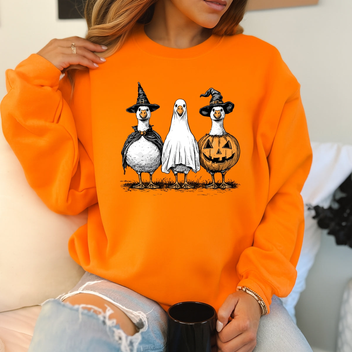 Hand Drawn Vintage Goose Trio in Witch, Ghost, and Pumpkin Outfits Printed Crewneck Sweatshirt