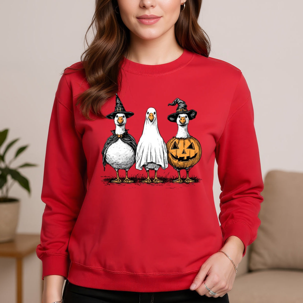 Hand Drawn Vintage Goose Trio in Witch, Ghost, and Pumpkin Outfits Printed Crewneck Sweatshirt