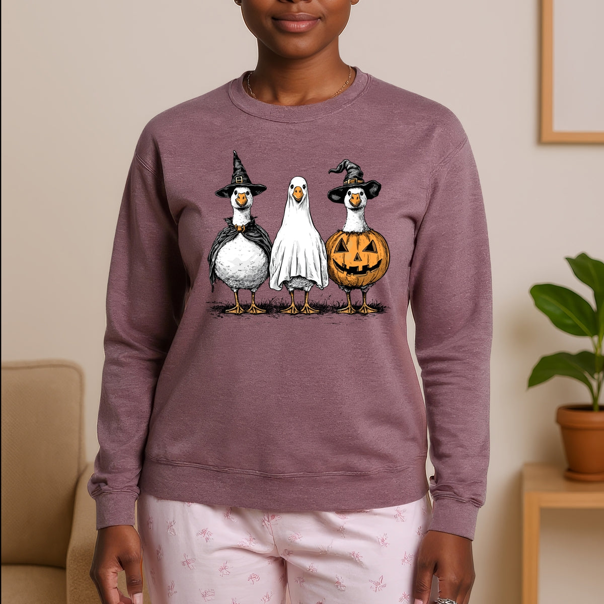 Hand Drawn Vintage Goose Trio in Witch, Ghost, and Pumpkin Outfits Printed Crewneck Sweatshirt