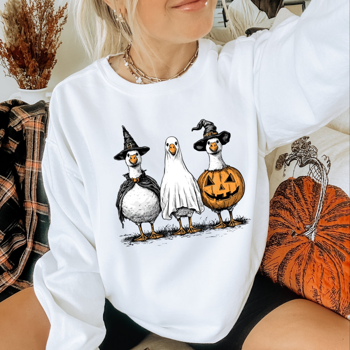 Hand Drawn Vintage Goose Trio in Witch, Ghost, and Pumpkin Outfits Printed Crewneck Sweatshirt