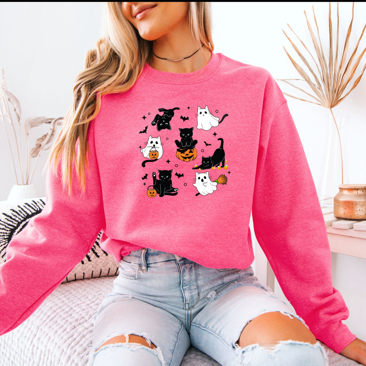Cute Halloween Ghost Cat  Printed Crewneck Sweatshirt