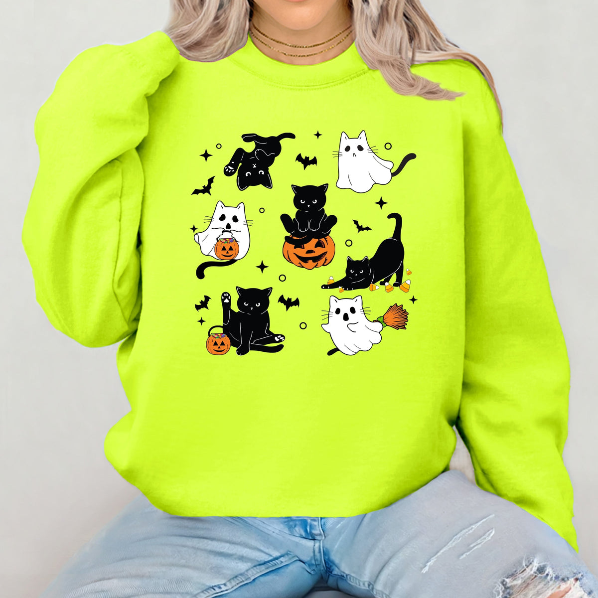 Cute Halloween Ghost Cat  Printed Crewneck Sweatshirt