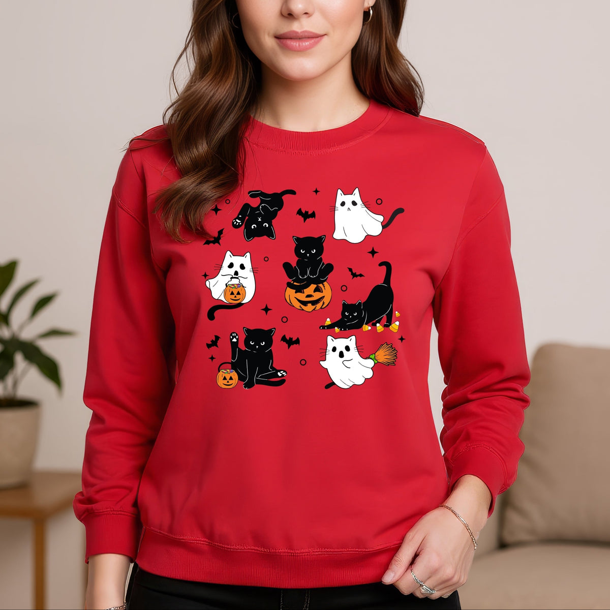 Cute Halloween Ghost Cat  Printed Crewneck Sweatshirt