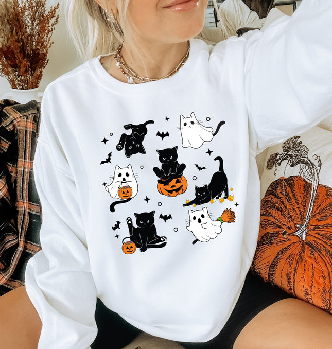 Cute Halloween Ghost Cat  Printed Crewneck Sweatshirt