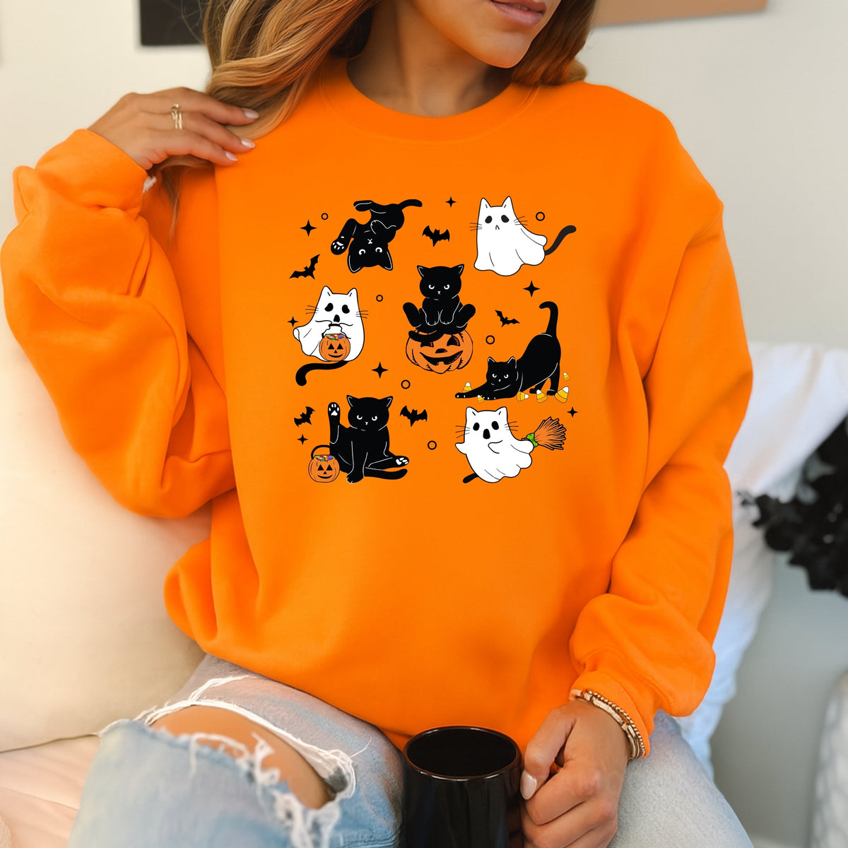 Cute Halloween Ghost Cat  Printed Crewneck Sweatshirt