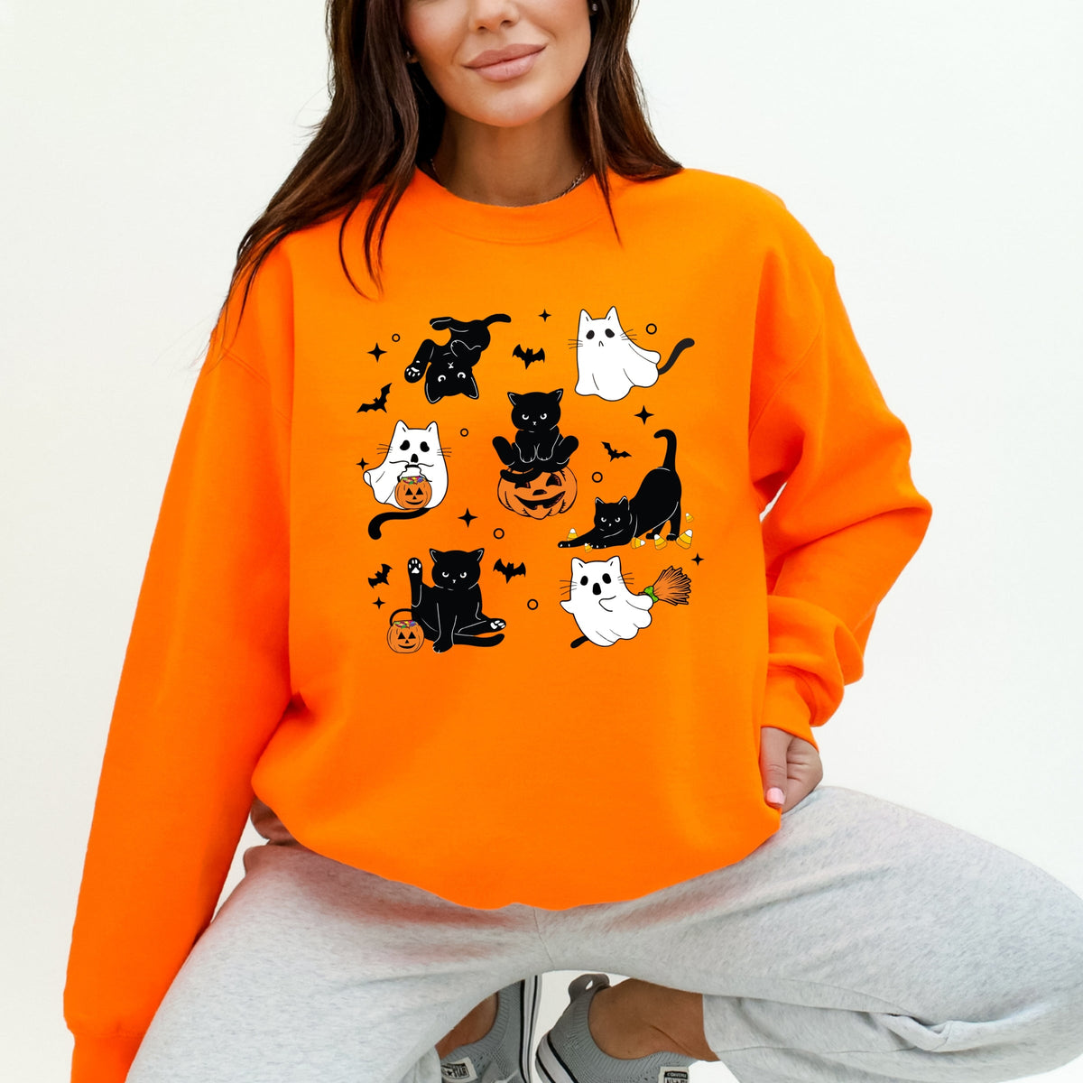 Cute Halloween Ghost Cat  Printed Crewneck Sweatshirt