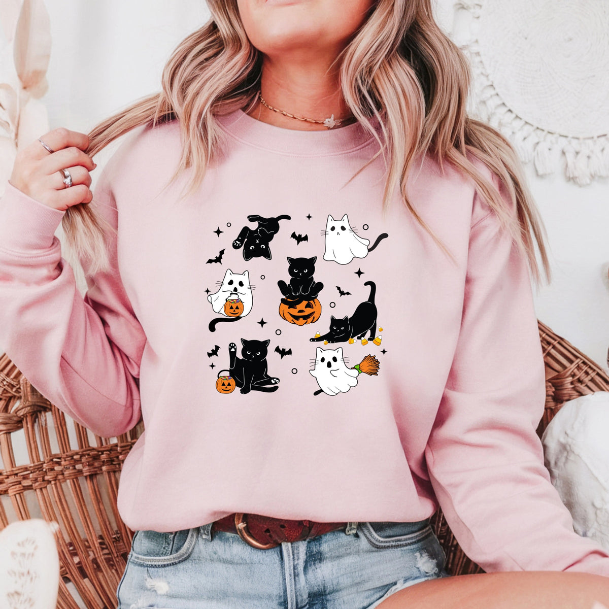 Cute Halloween Ghost Cat  Printed Crewneck Sweatshirt