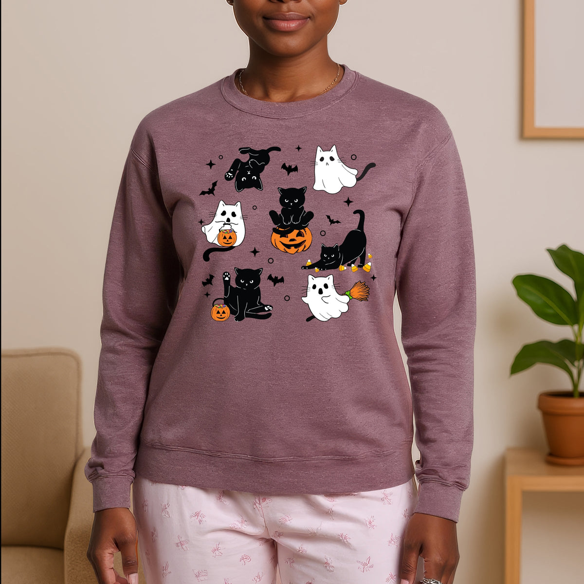 Cute Halloween Ghost Cat  Printed Crewneck Sweatshirt