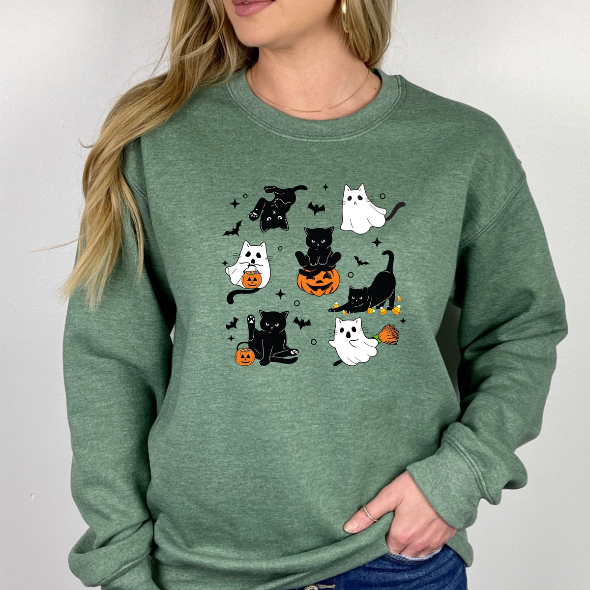 Cute Halloween Ghost Cat  Printed Crewneck Sweatshirt
