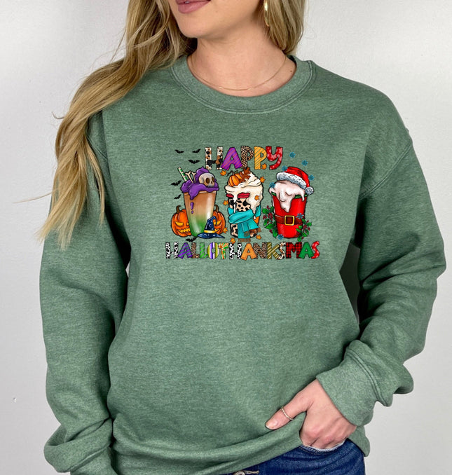 Happy HalloThanksMas Printed Crewneck Sweatshirt