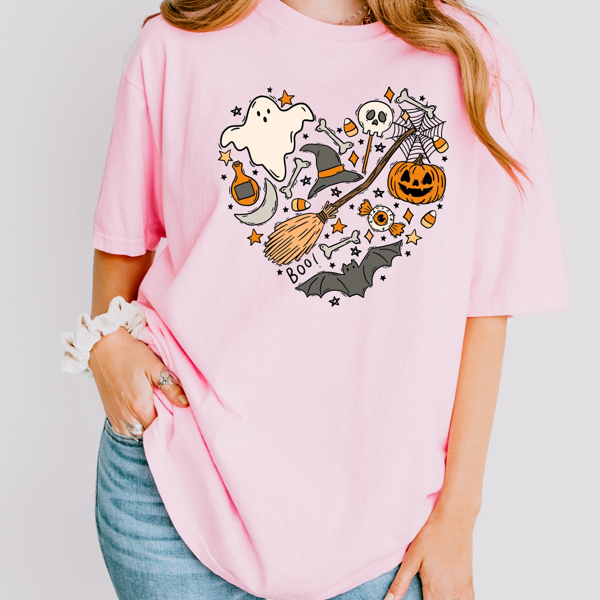 Halloween Heart Printed Tee – Spooky Season Shirt, Aesthetic Halloween Tee, Ghost Pumpkin Broom Web Shirt	 - Unisex Comfort Colors Garment-Dyed Heavyweight T-Shirt