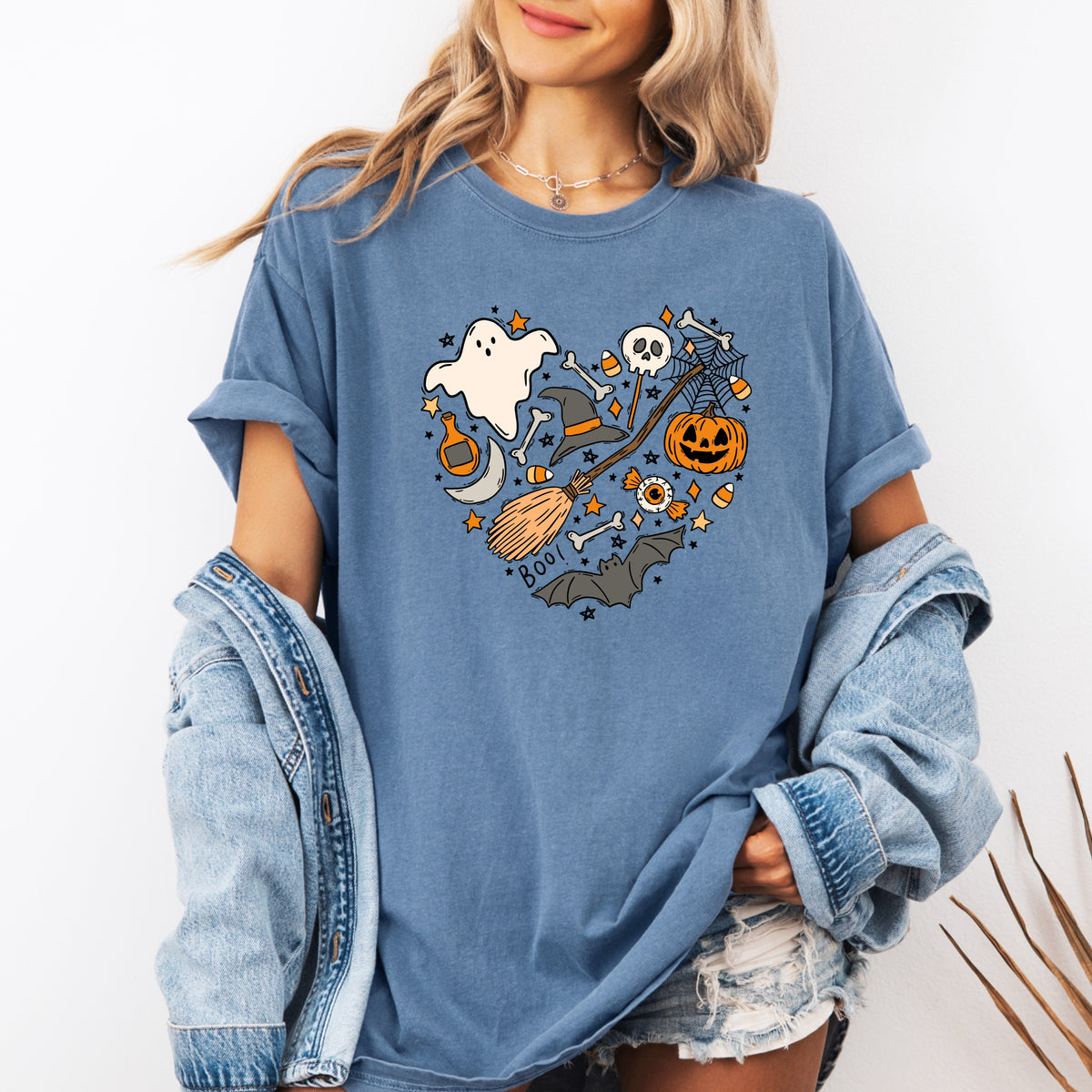 Halloween Heart Printed Tee – Spooky Season Shirt, Aesthetic Halloween Tee, Ghost Pumpkin Broom Web Shirt	 - Unisex Comfort Colors Garment-Dyed Heavyweight T-Shirt