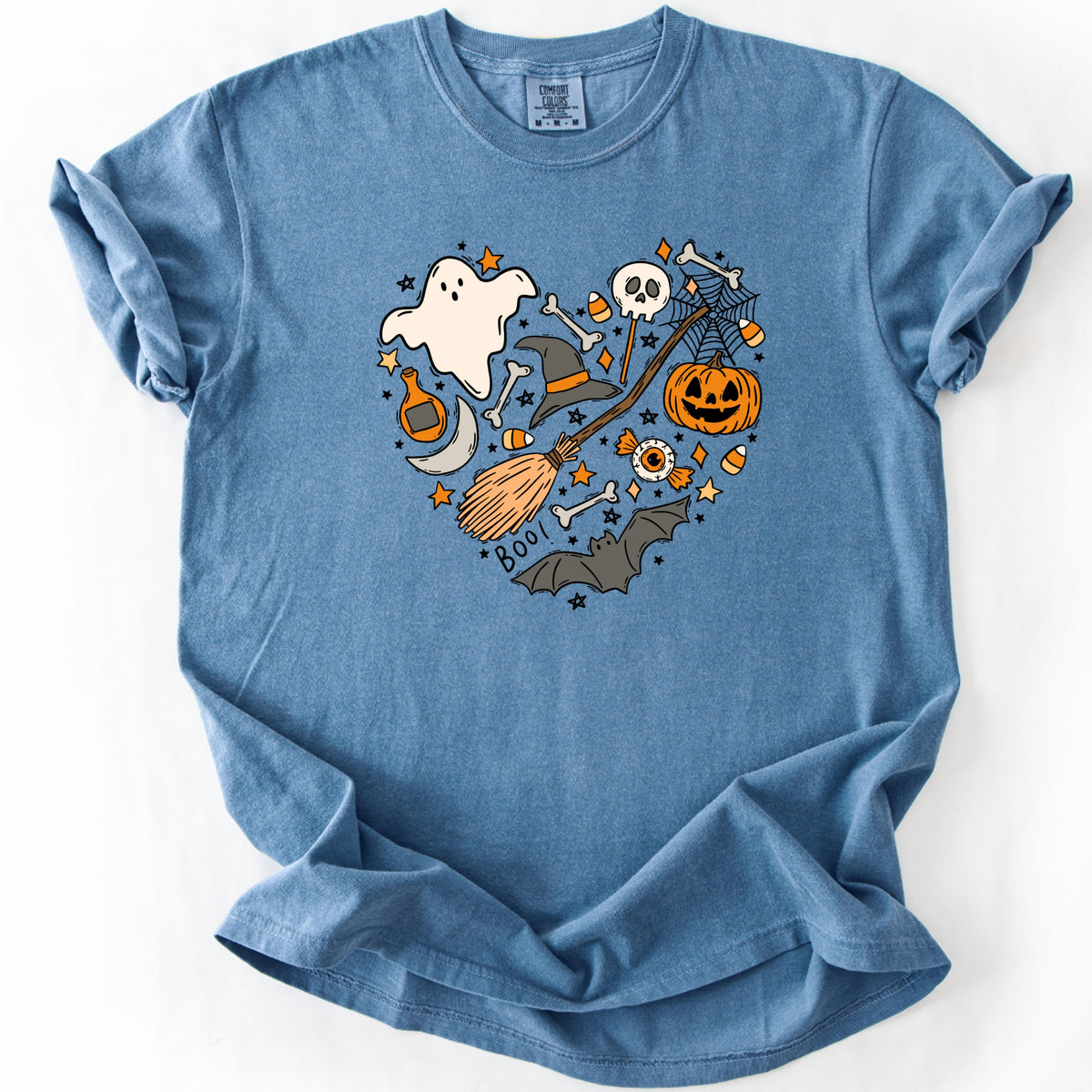 Halloween Heart Printed Tee – Spooky Season Shirt, Aesthetic Halloween Tee, Ghost Pumpkin Broom Web Shirt	 - Unisex Comfort Colors Garment-Dyed Heavyweight T-Shirt