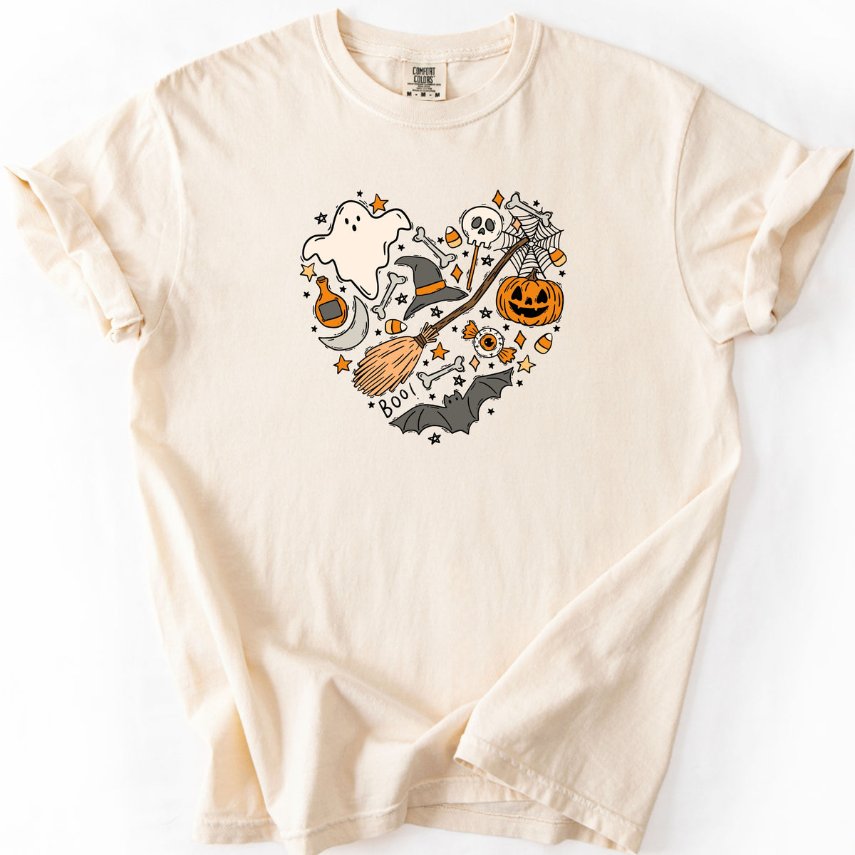 Halloween Heart Printed Tee – Spooky Season Shirt, Aesthetic Halloween Tee, Ghost Pumpkin Broom Web Shirt	 - Unisex Comfort Colors Garment-Dyed Heavyweight T-Shirt