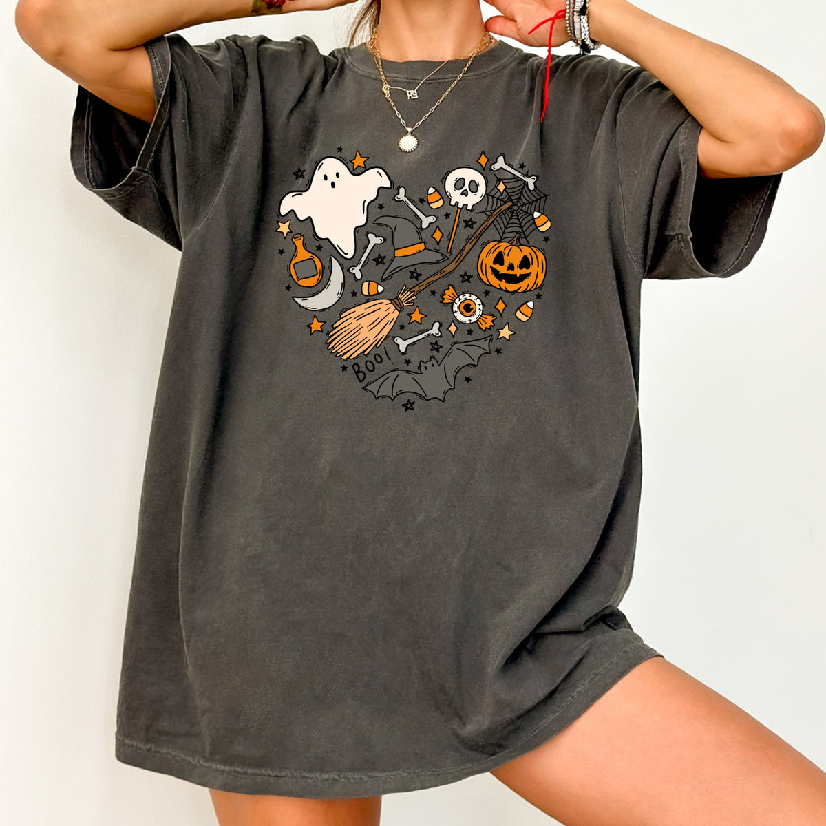 Halloween Heart Printed Tee – Spooky Season Shirt, Aesthetic Halloween Tee, Ghost Pumpkin Broom Web Shirt	 - Unisex Comfort Colors Garment-Dyed Heavyweight T-Shirt