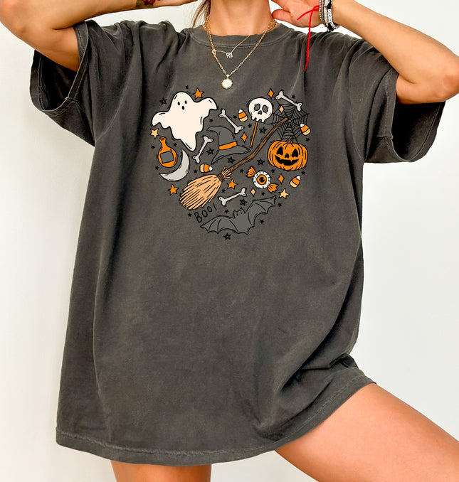 Halloween Heart Printed Tee – Spooky Season Shirt, Aesthetic Halloween Tee, Ghost Pumpkin Broom Web Shirt	 - Unisex Comfort Colors Garment-Dyed Heavyweight T-Shirt
