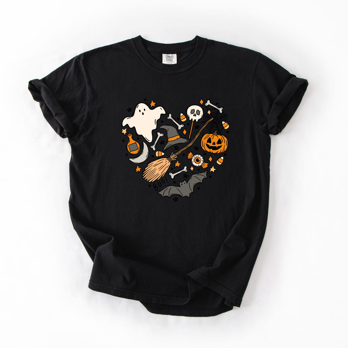 Halloween Heart Printed Tee – Spooky Season Shirt, Aesthetic Halloween Tee, Ghost Pumpkin Broom Web Shirt	 - Unisex Comfort Colors Garment-Dyed Heavyweight T-Shirt