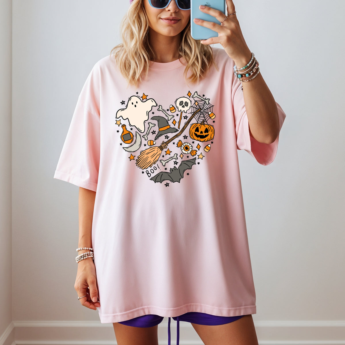Halloween Heart Printed Tee – Spooky Season Shirt, Aesthetic Halloween Tee, Ghost Pumpkin Broom Web Shirt	 - Unisex Comfort Colors Garment-Dyed Heavyweight T-Shirt