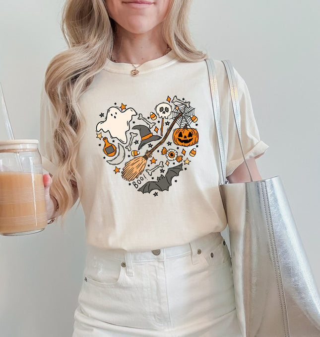 Halloween Heart Printed Tee – Spooky Season Shirt, Aesthetic Halloween Tee, Ghost Pumpkin Broom Web Shirt	 - Unisex Comfort Colors Garment-Dyed Heavyweight T-Shirt