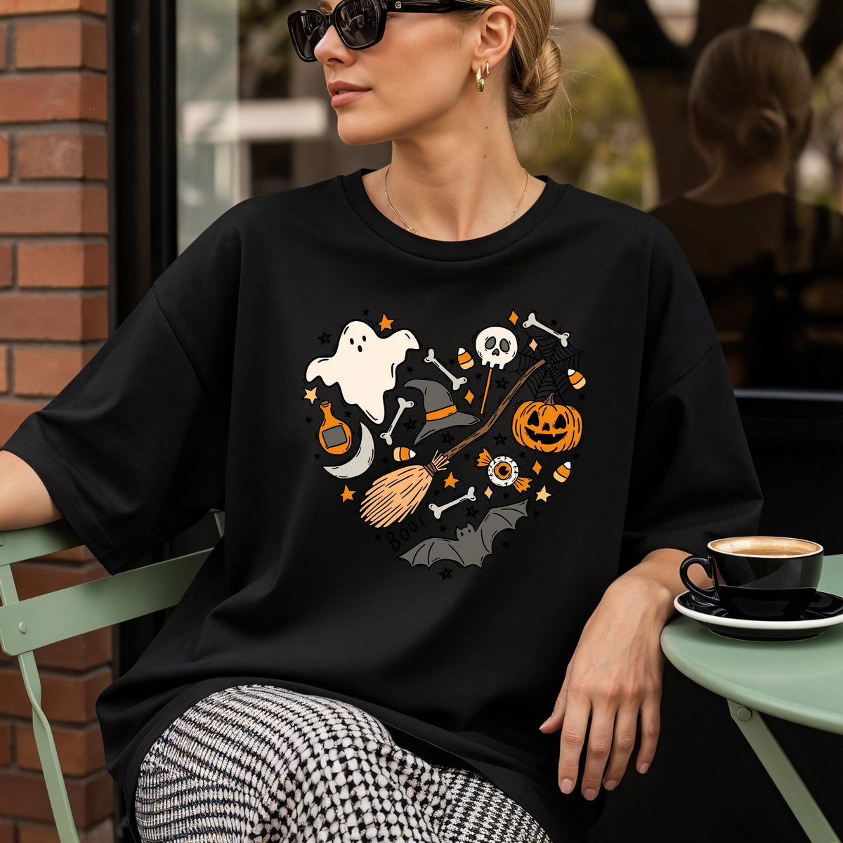 Halloween Heart Printed Tee – Spooky Season Shirt, Aesthetic Halloween Tee, Ghost Pumpkin Broom Web Shirt	 - Unisex Comfort Colors Garment-Dyed Heavyweight T-Shirt