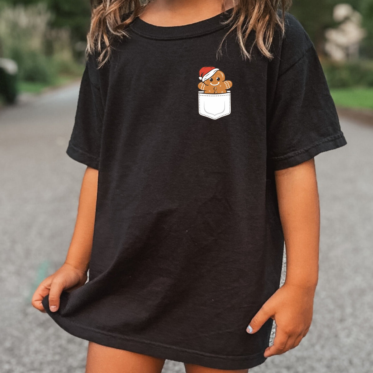 Christmas Gingerbread Man Pocket Print Kids - Youth Comfort Colors T-Shirt