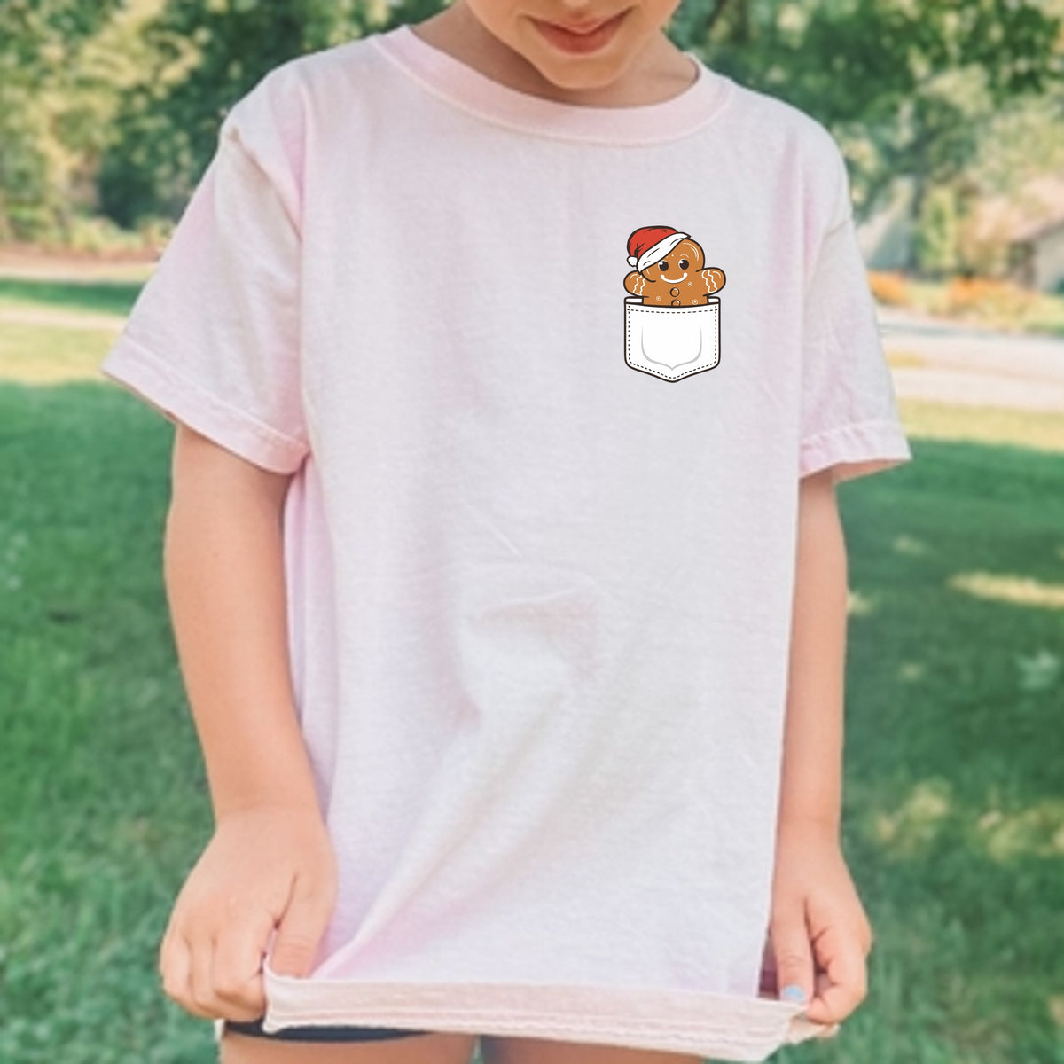 Christmas Gingerbread Man Pocket Print Kids - Youth Comfort Colors T-Shirt