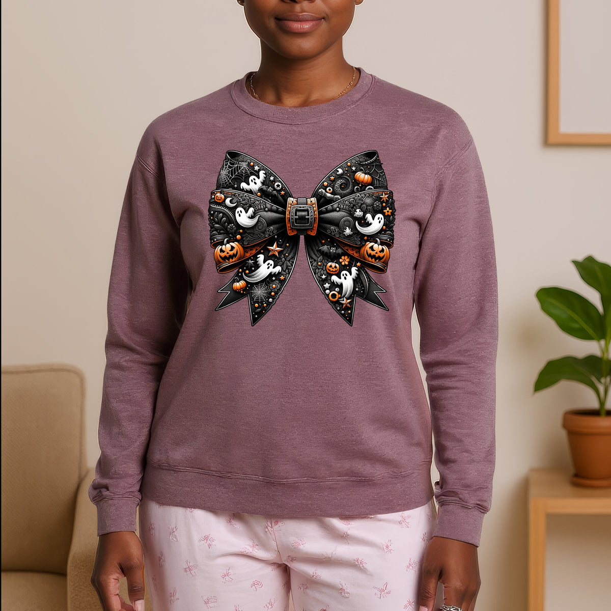Ribbon Halloween Printed Crewneck Sweatshirt