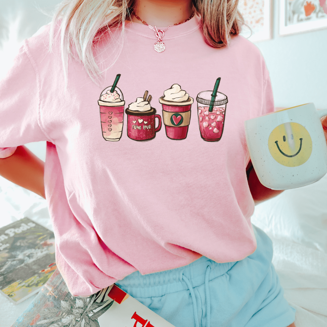 Hot Pink Coffee True Love Valentines Printed Comfort Colors T-Shirt - My Store